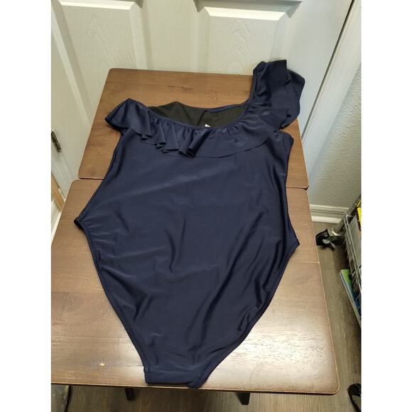 J. Crew Womens Size XL Navy Blue One-Shoulder Ruffle Neck One-Piece Bathing Suit - Picture 4 of 9